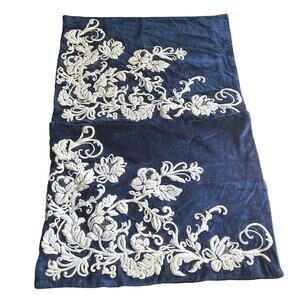 2 Frontgate standard sham white floral embroidered blue velvet pillowcase EUC